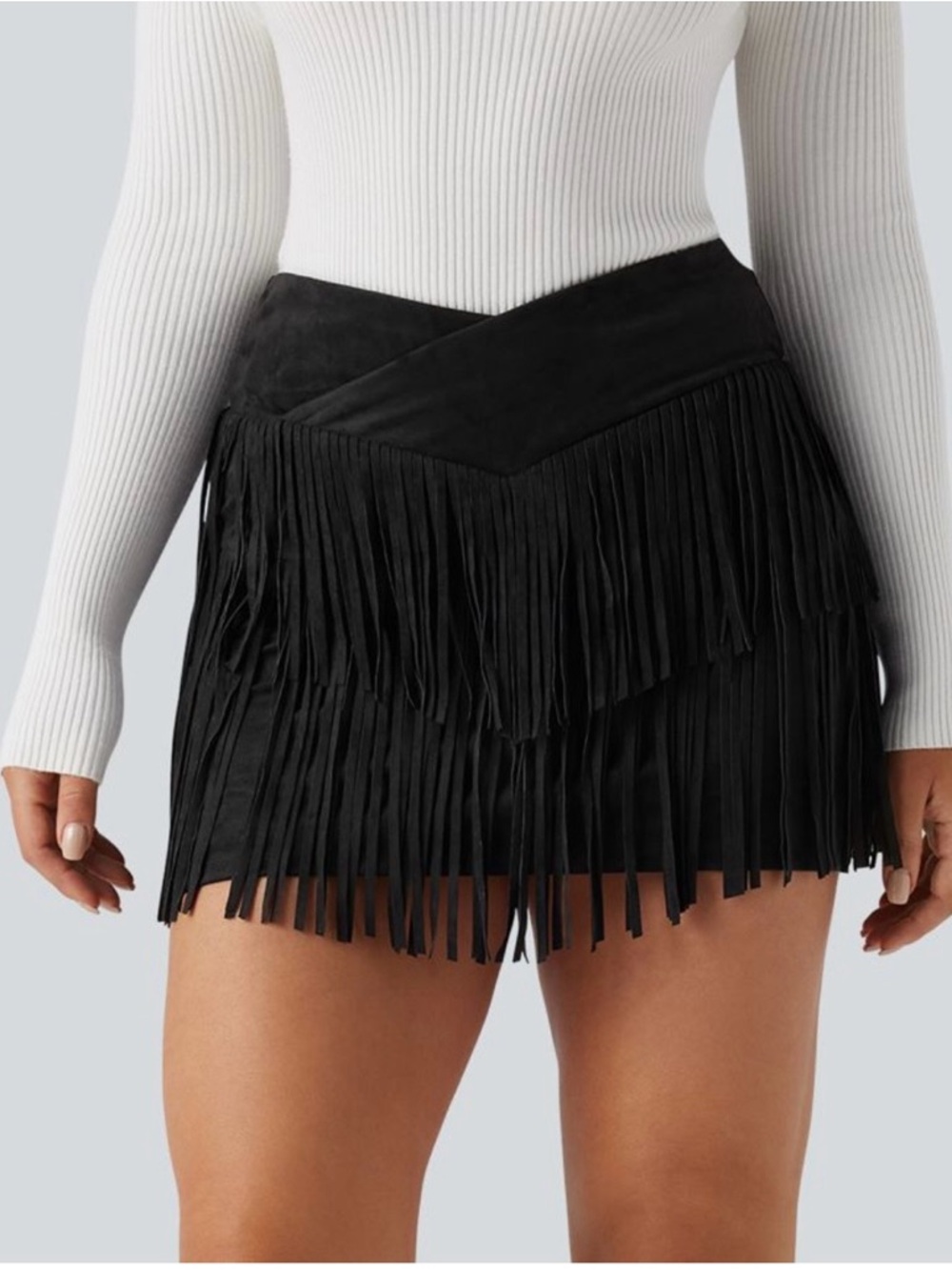 Halara 2 in 1 Crossover Black Fringe Mini Con Skirt - with built in shorts.